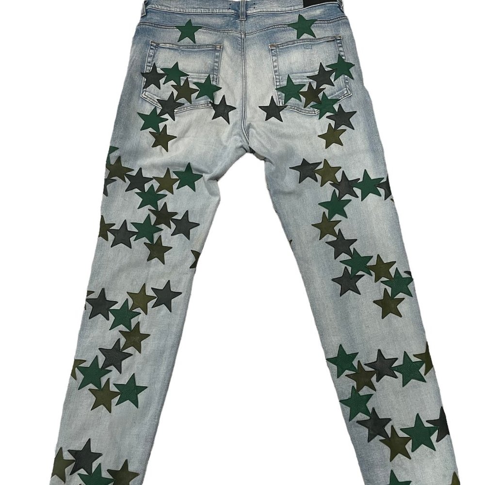 AMIRI JEANS GREEN LEATHER STARS - Picture 2 of 2